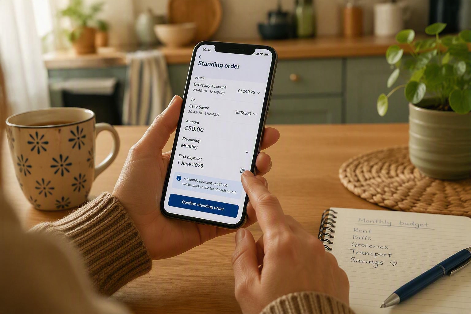 Person checking a savings app on their phone at a kitchen table