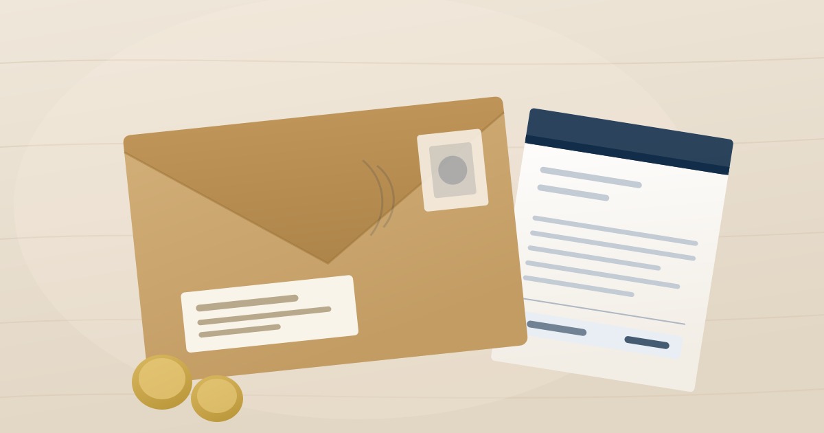 Flat illustration of a sealed brown envelope and a payslip lying on a table beside two pound coins.